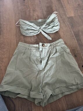 SHEIN Olive Green High-Waist Pleated Linen-Blend Shorts